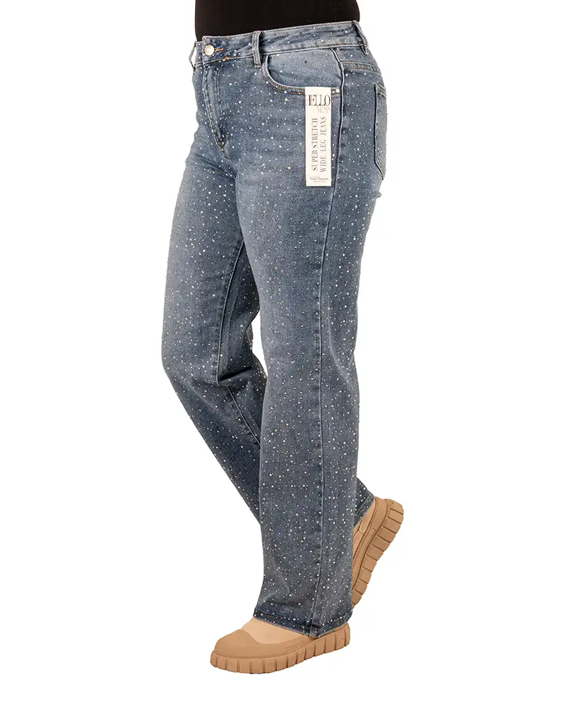 Mid blue wide leg  jeans strass van Hello Miss - Afbeelding 2