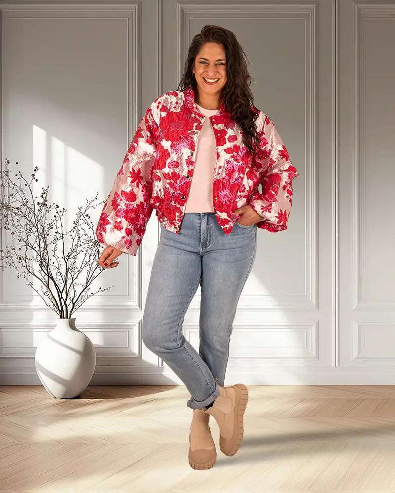 Roze/rood bloemen jasje van New Collection - Afbeelding 2