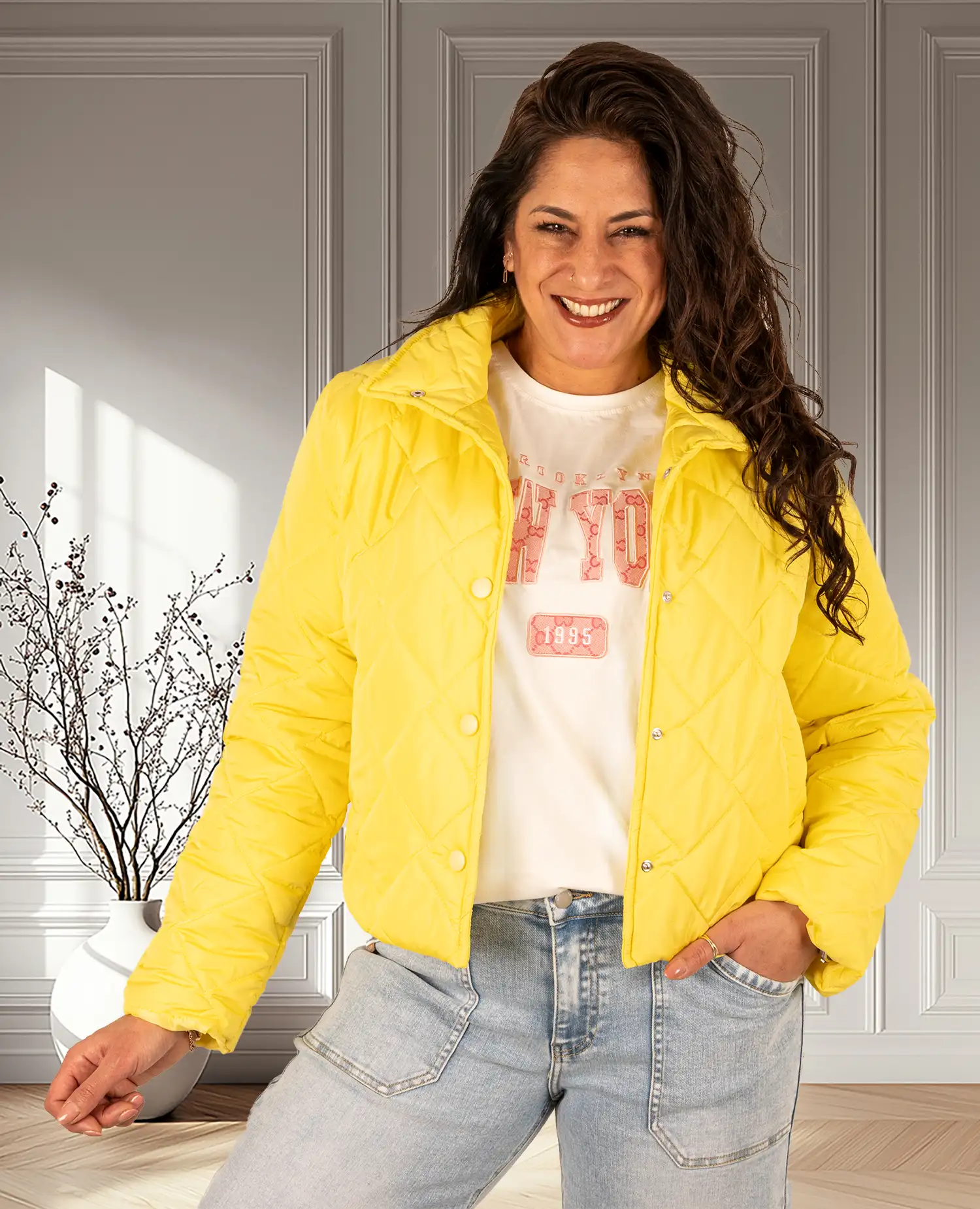 Geel doorgestikt jasje van El-Vita