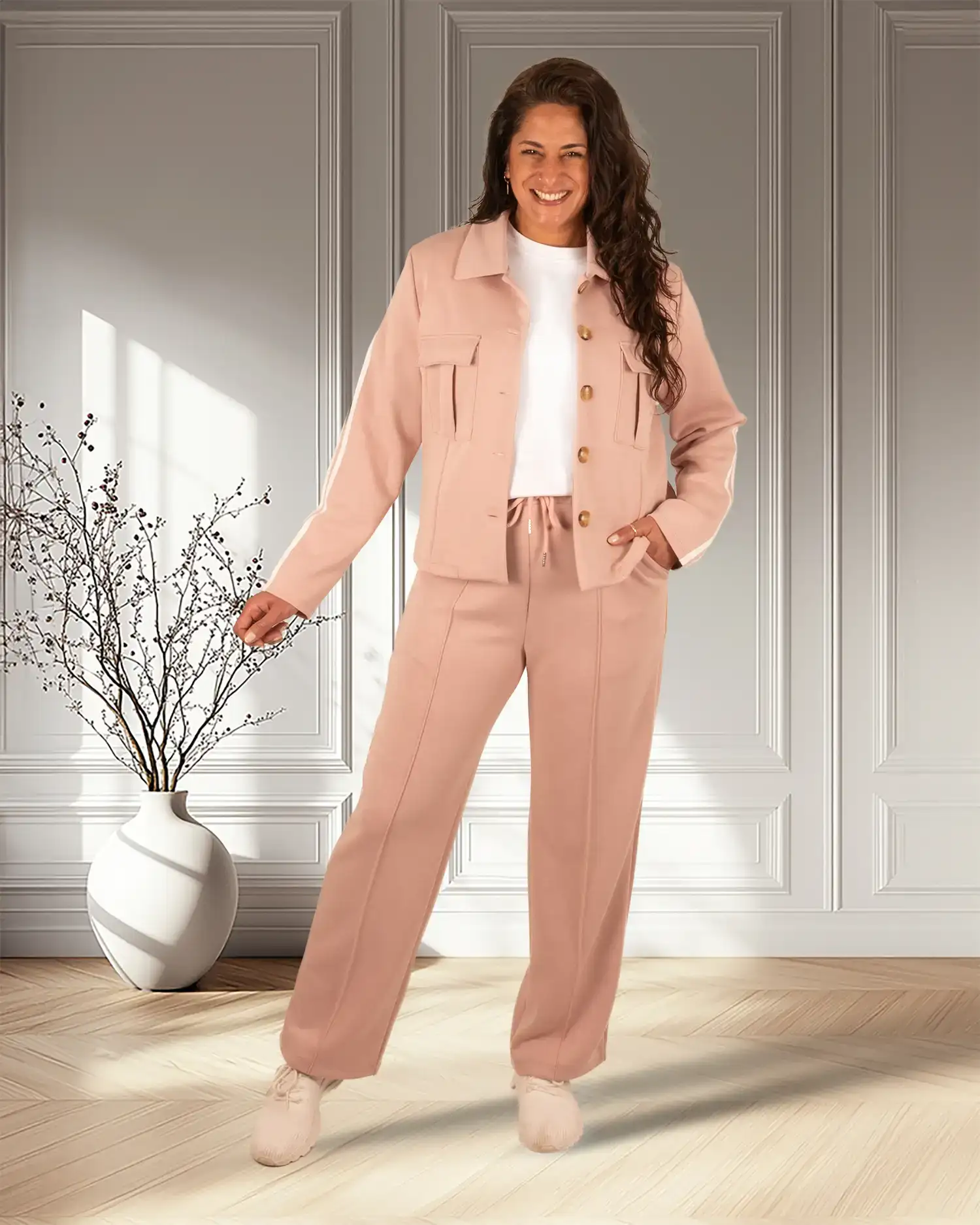 Oudroze joggingpak met jasje en witte bies - Afbeelding 2