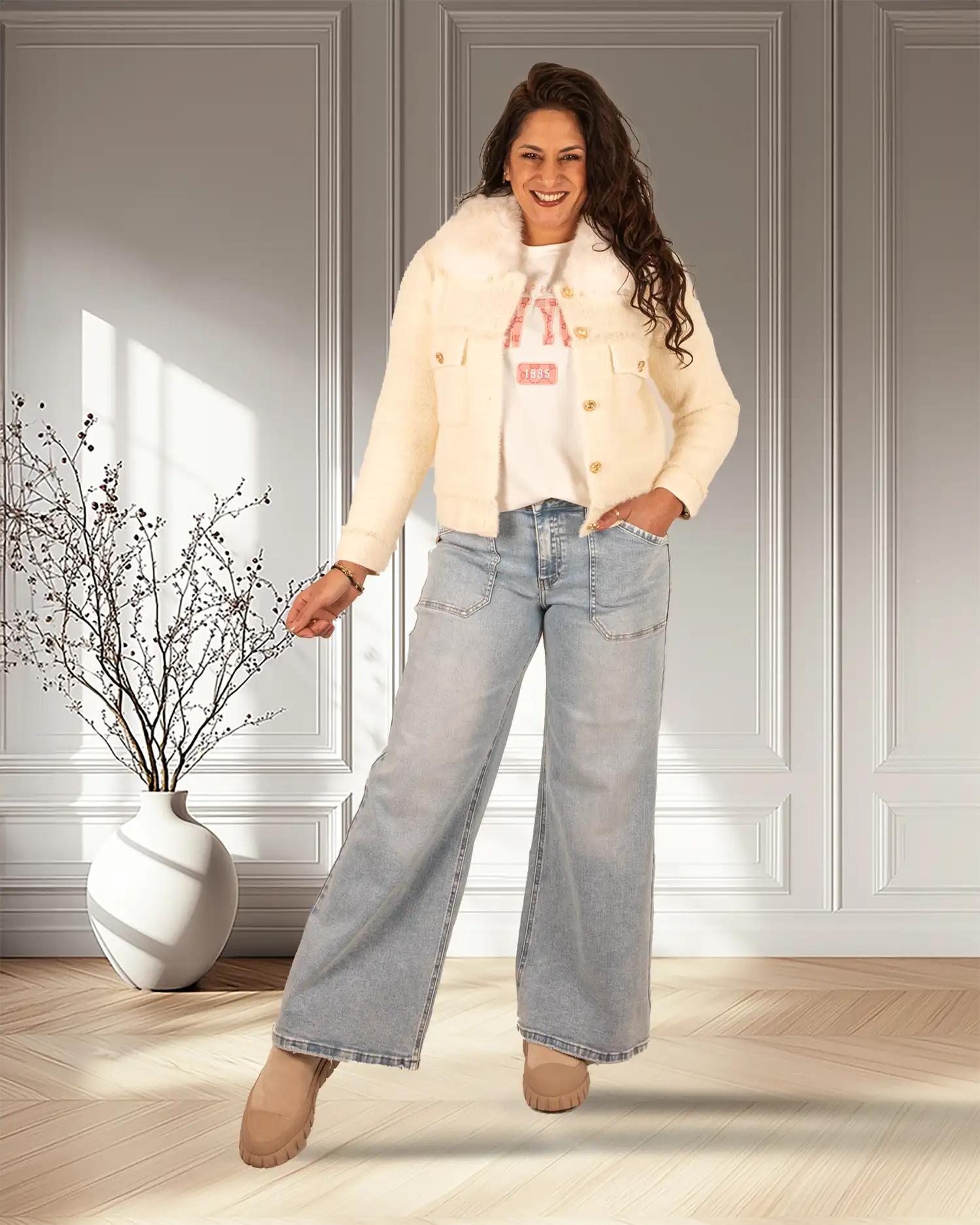 Lichtbeige zacht jasje van Azaka - Afbeelding 3