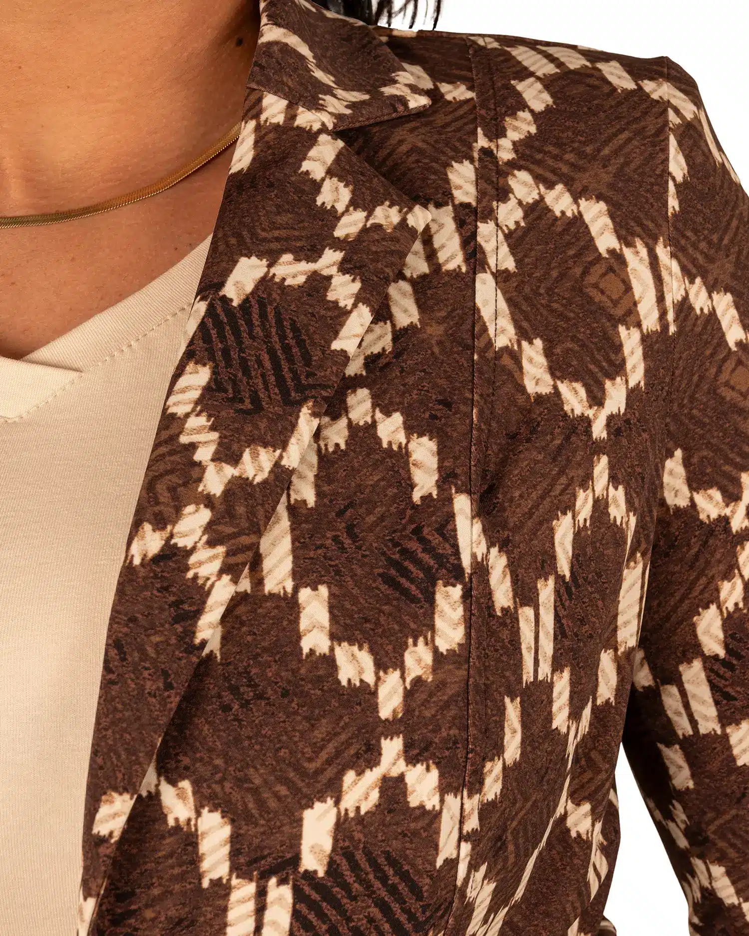 Donkerbruin/beige print travelstof blazer van Mi Piace - Afbeelding 4