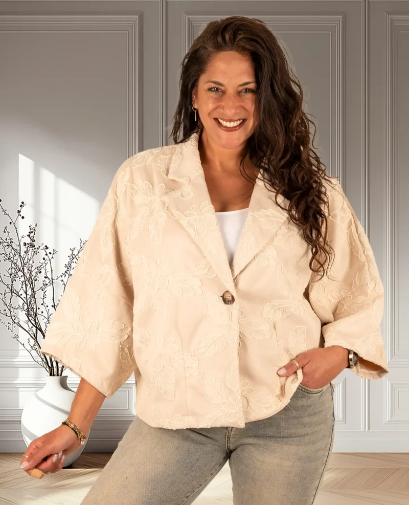 Beige blazerjasje ecru borduur met korte mouw