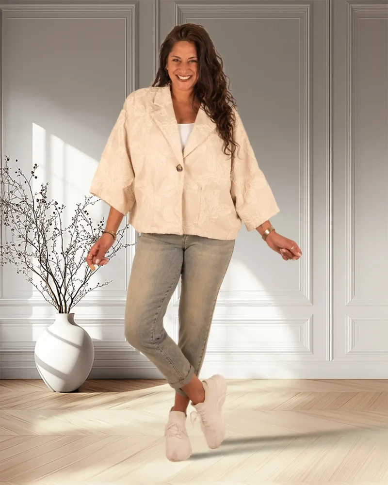 Beige blazerjasje ecru borduur met korte mouw - Afbeelding 2