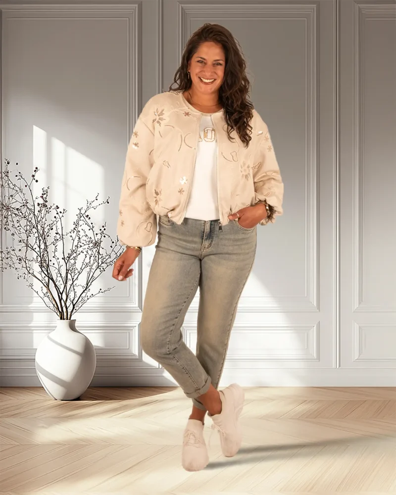 Beige bloemen pailletten bomberjack van El-vita - Afbeelding 2