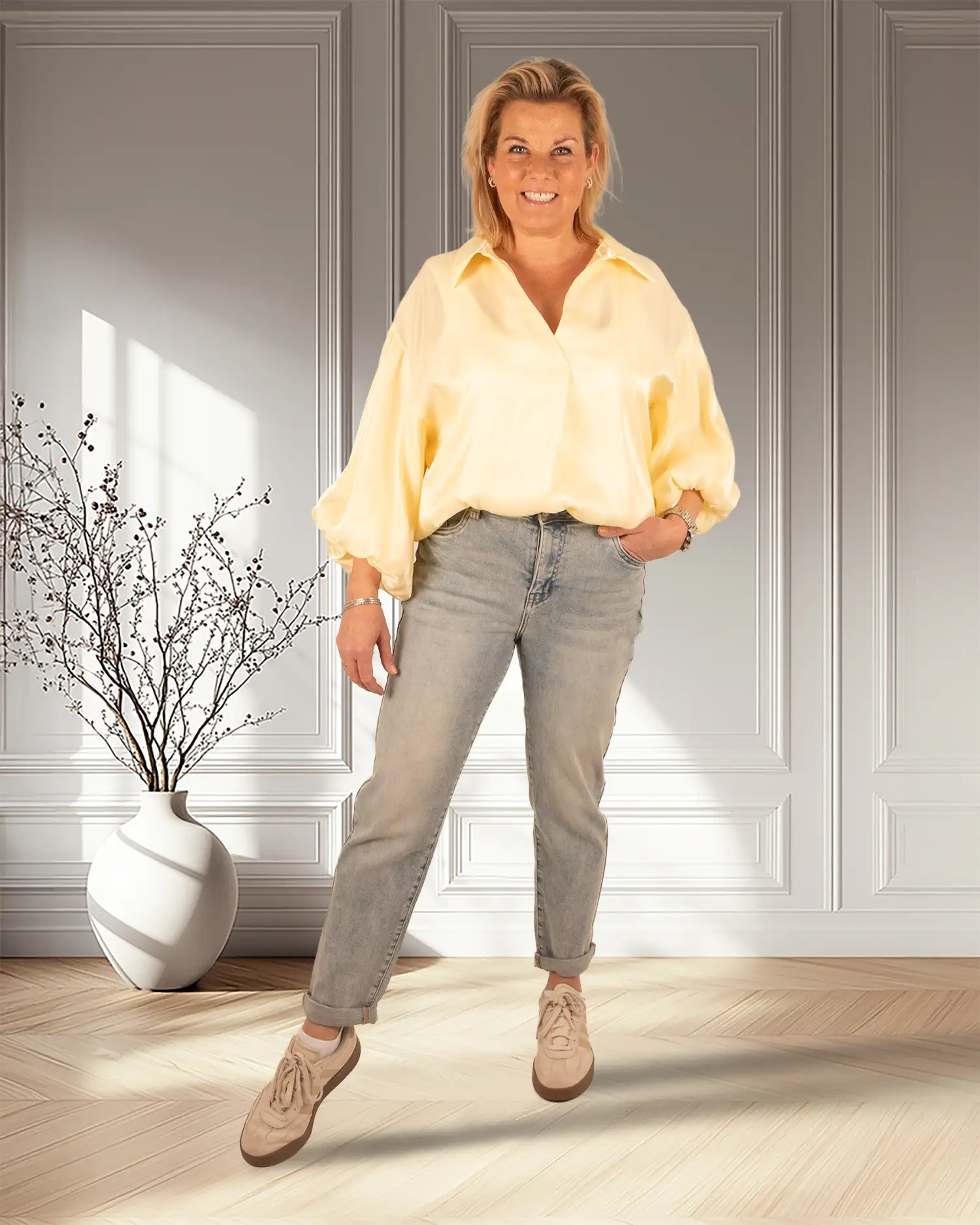 Lichtgele glanzende blouse van Barcode - Afbeelding 2