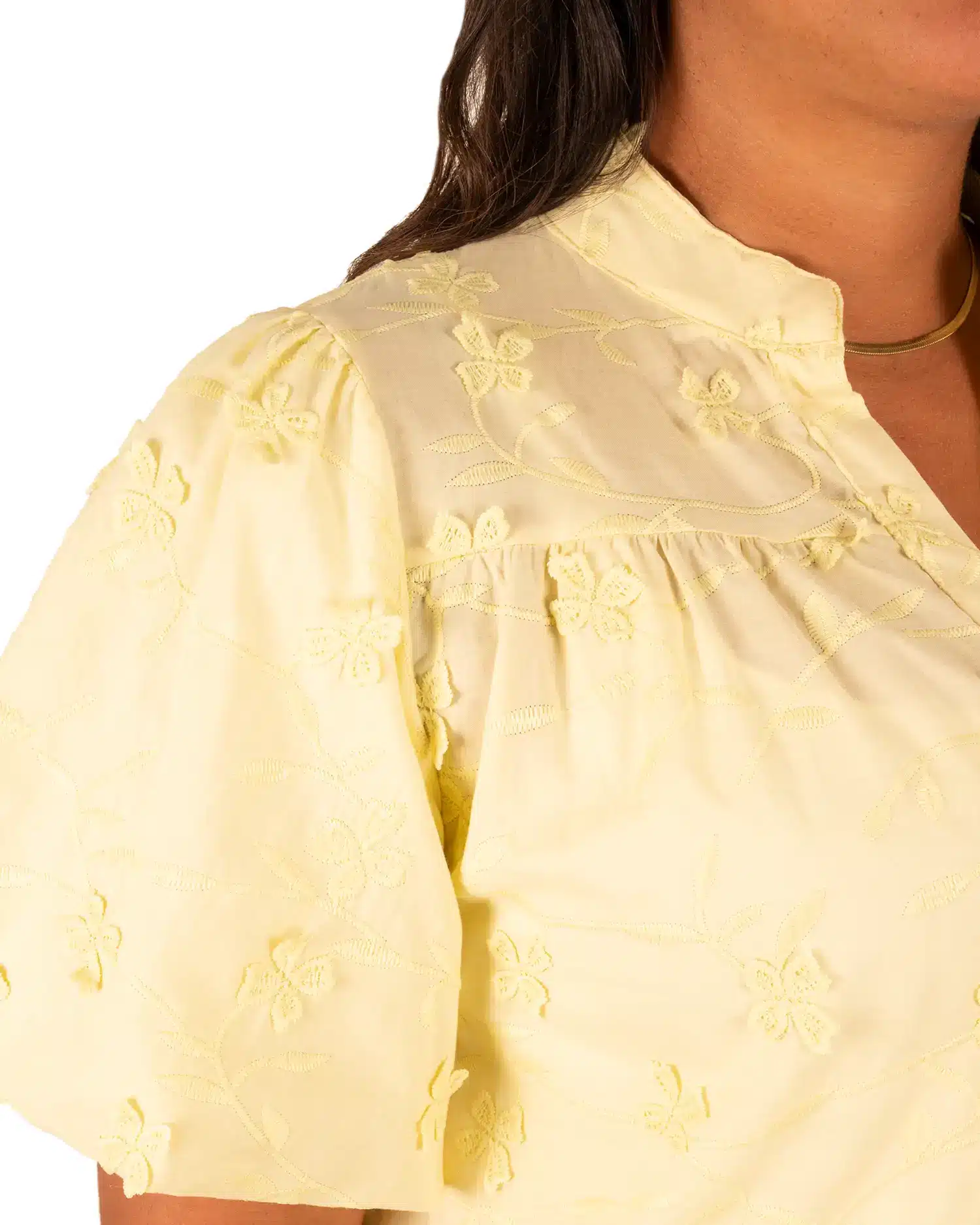 Lichtgele blouse bloemen pofmouw van Vera Jo - Afbeelding 4