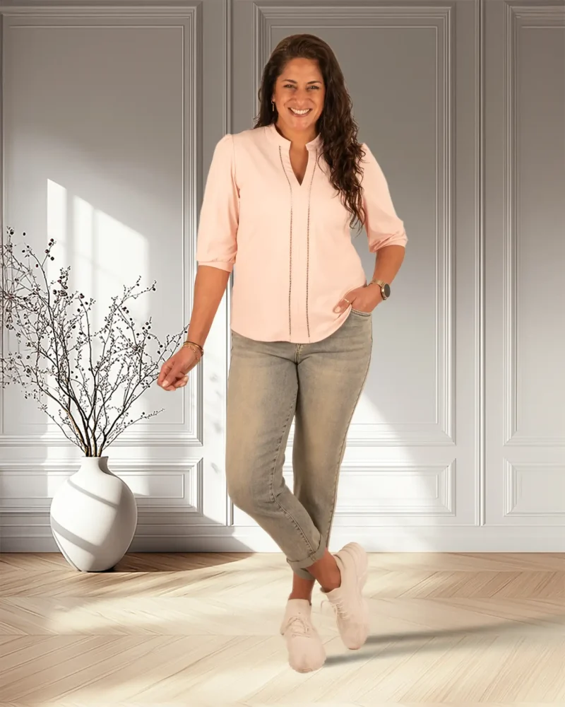 Poeder roze travelstof top korte mouw van Triple Nine - Afbeelding 2