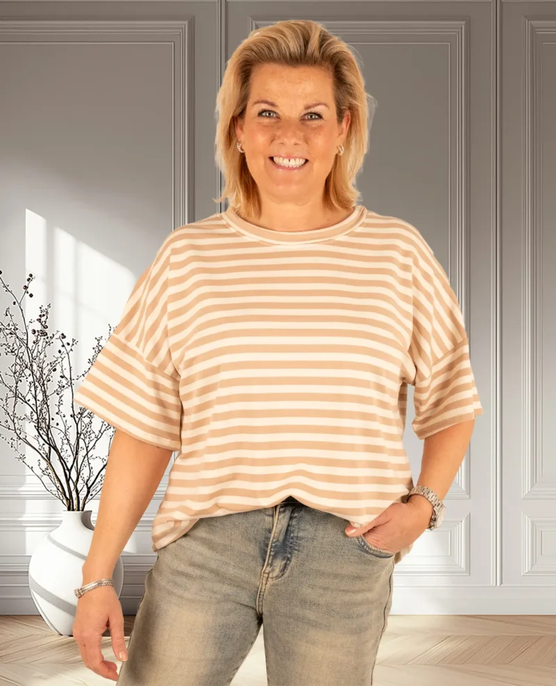 Camel/ecru gestreept sweatshirt korte mouw