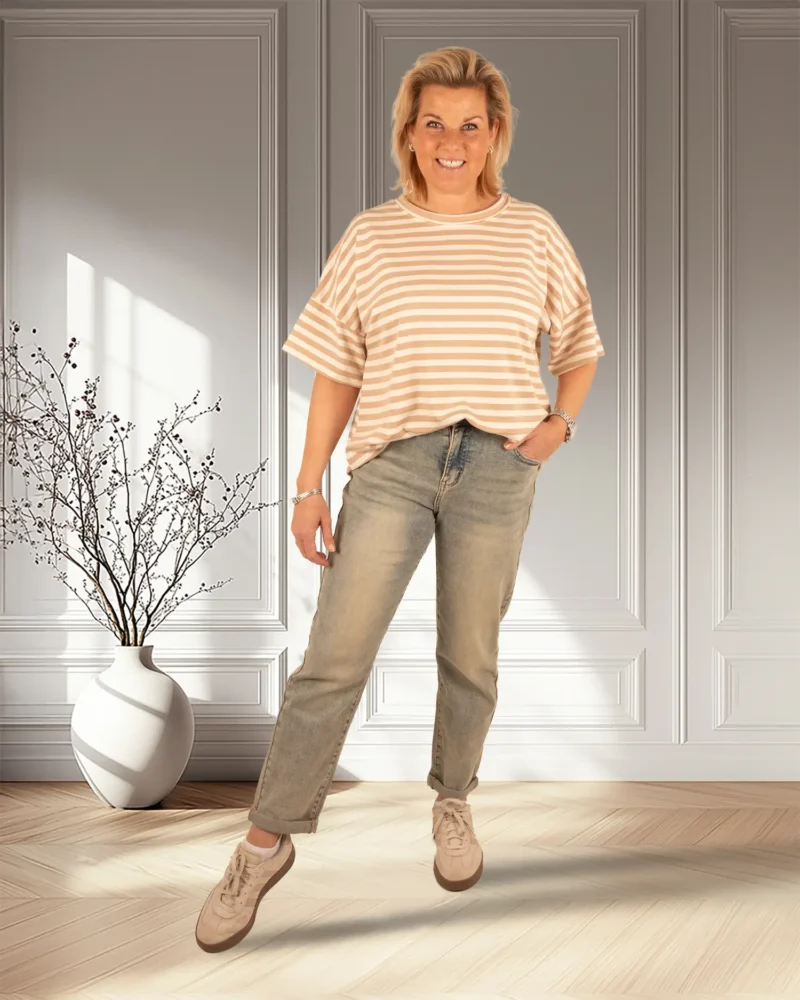 Camel/ecru gestreept sweatshirt korte mouw - Afbeelding 2