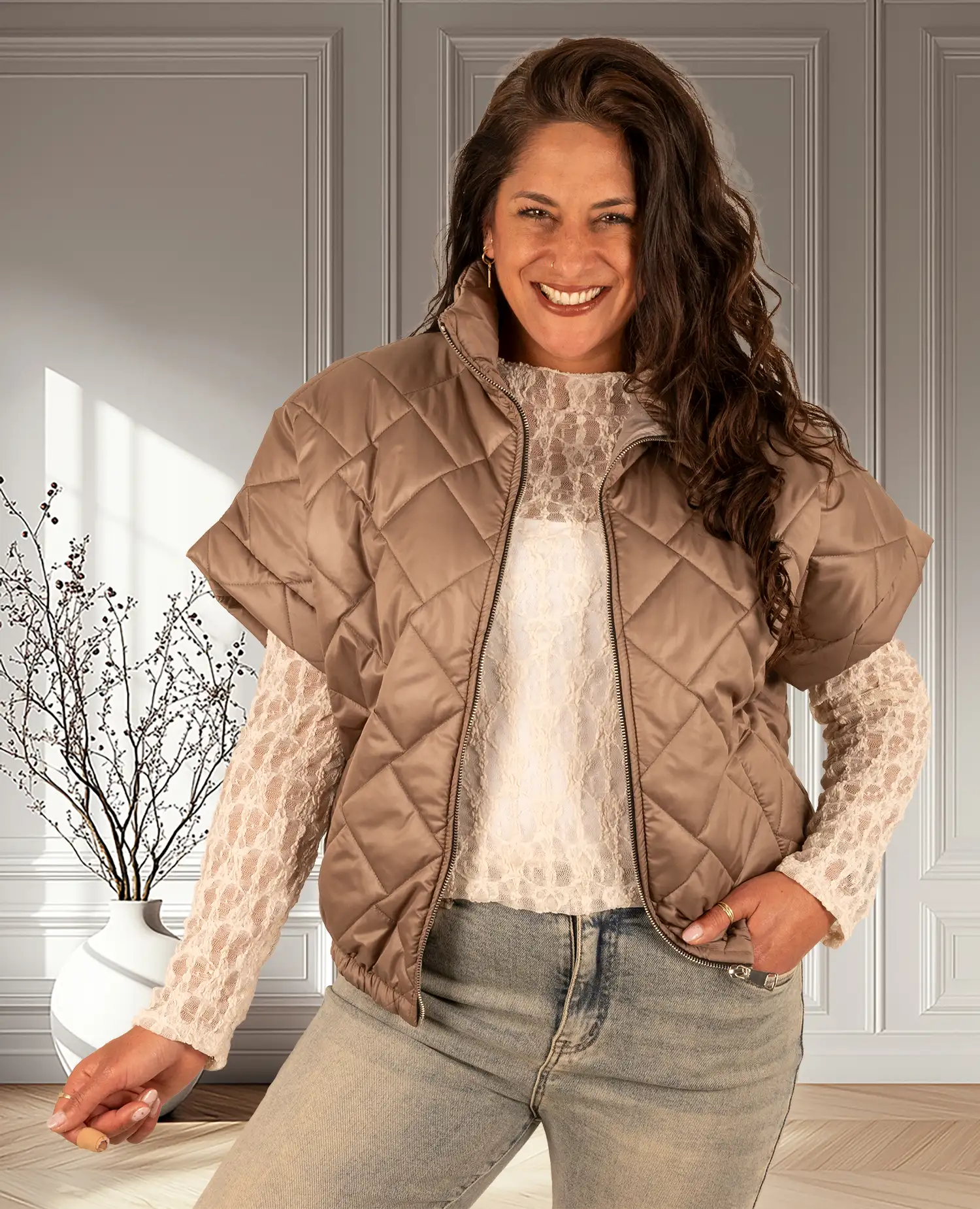 Bruine bodywarmer met korte mouw van El-Vita