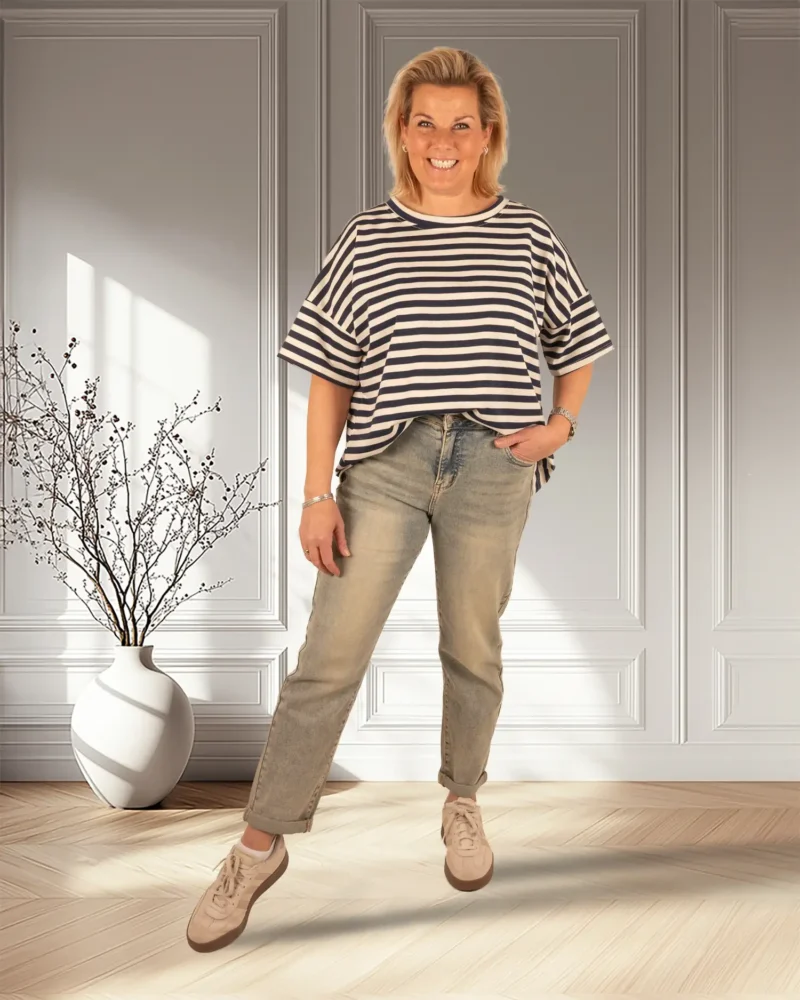 Donkerblauw/ecru gestreept sweatshirt korte mouw - Afbeelding 2