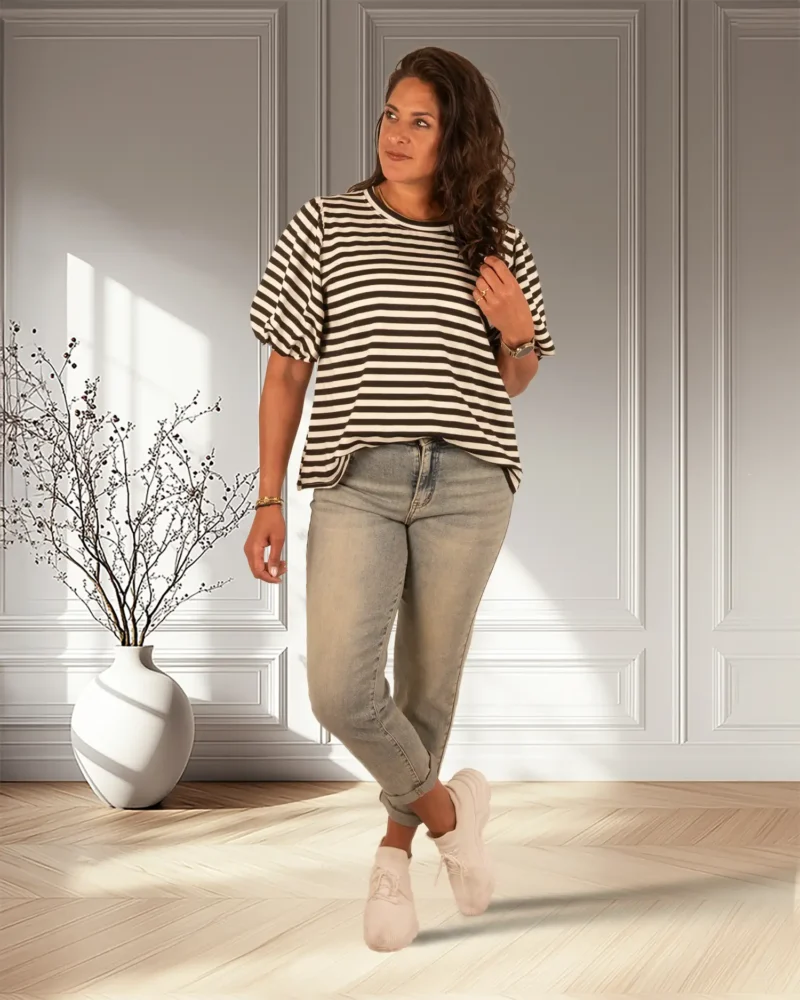 Zwart/ecru gestreept sweatshirt pofmouw - Afbeelding 2