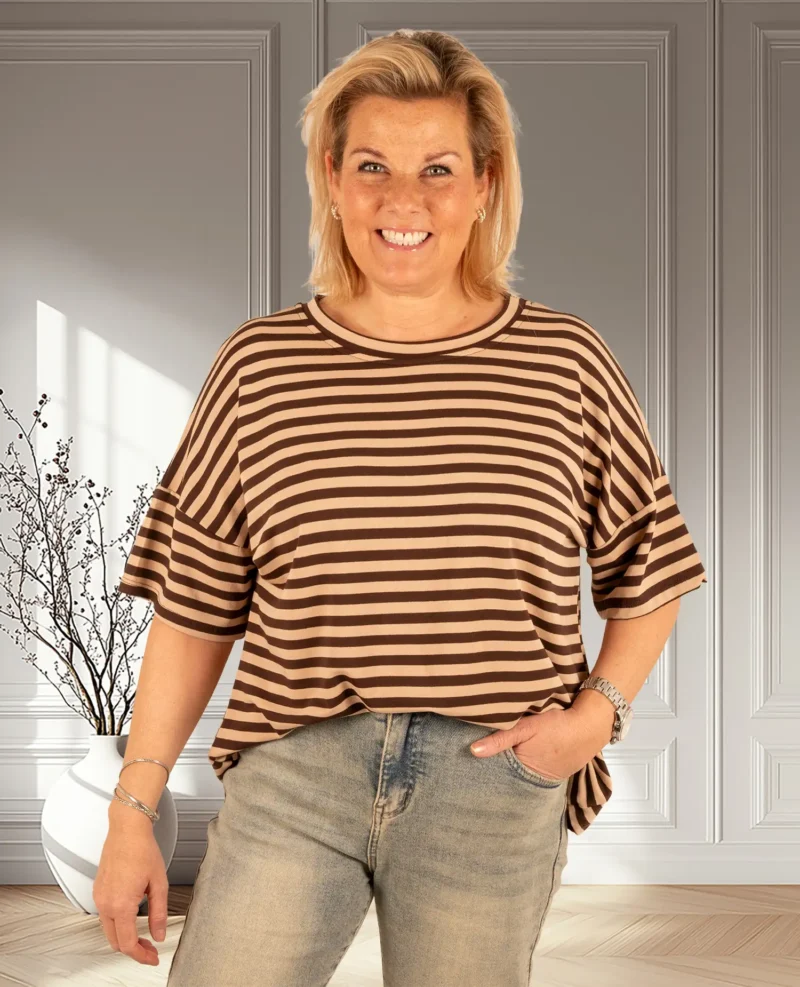 Donkerbruin/camel gestreept sweatshirt korte mouw