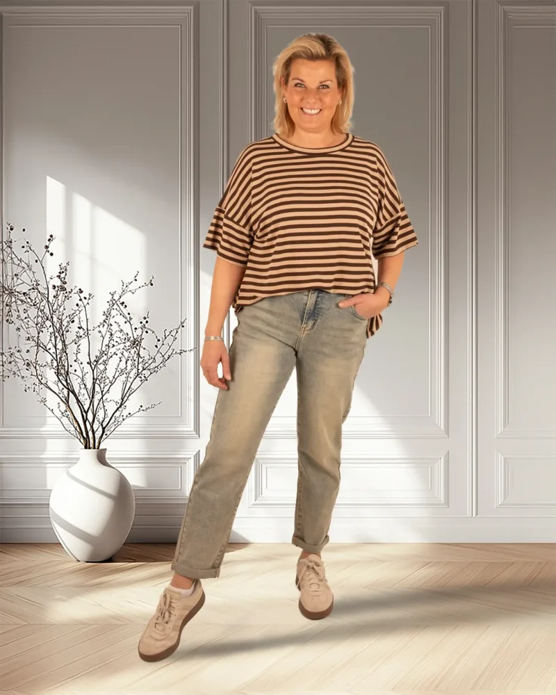 Donkerbruin/camel gestreept sweatshirt korte mouw - Afbeelding 2