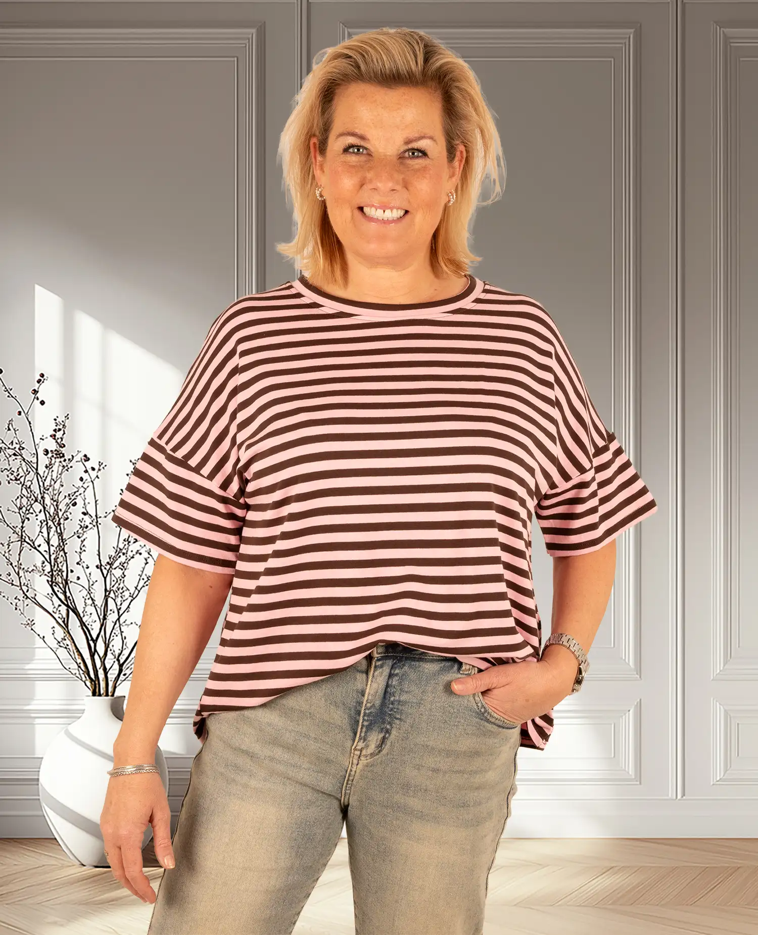 Donkerbruin/roze gestreept sweatshirt korte mouw