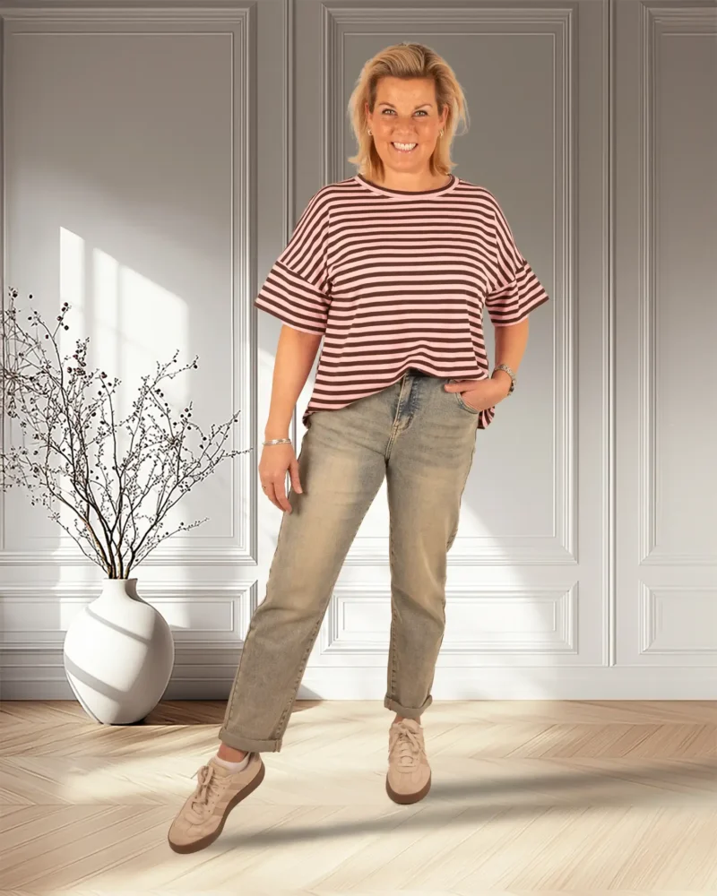 Donkerbruin/roze gestreept sweatshirt korte mouw - Afbeelding 2