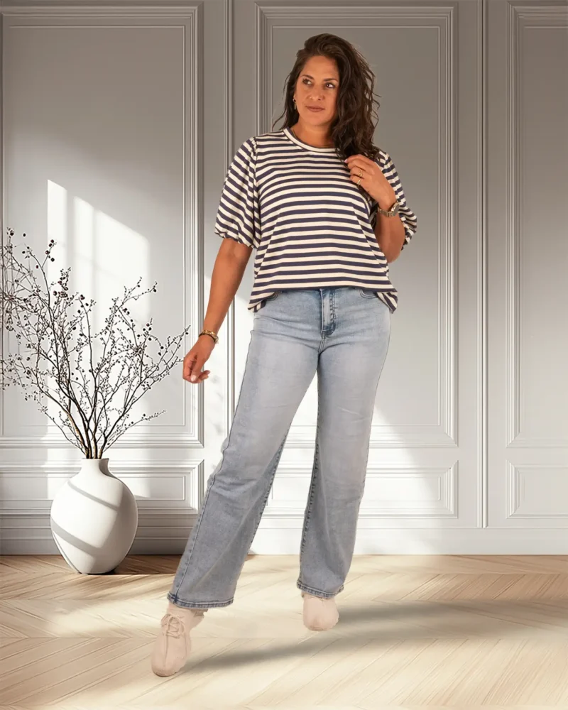 Donkerblauw/ecru gestreept sweatshirt pofmouw - Afbeelding 2