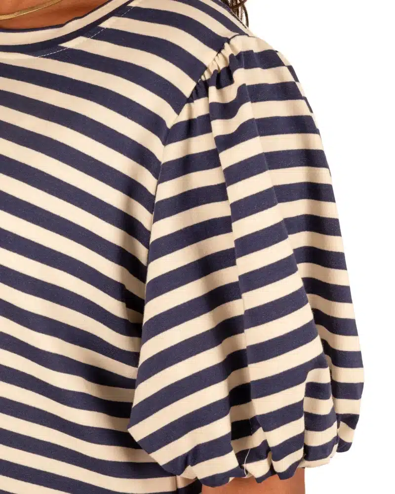 Donkerblauw/ecru gestreept sweatshirt pofmouw - Afbeelding 4