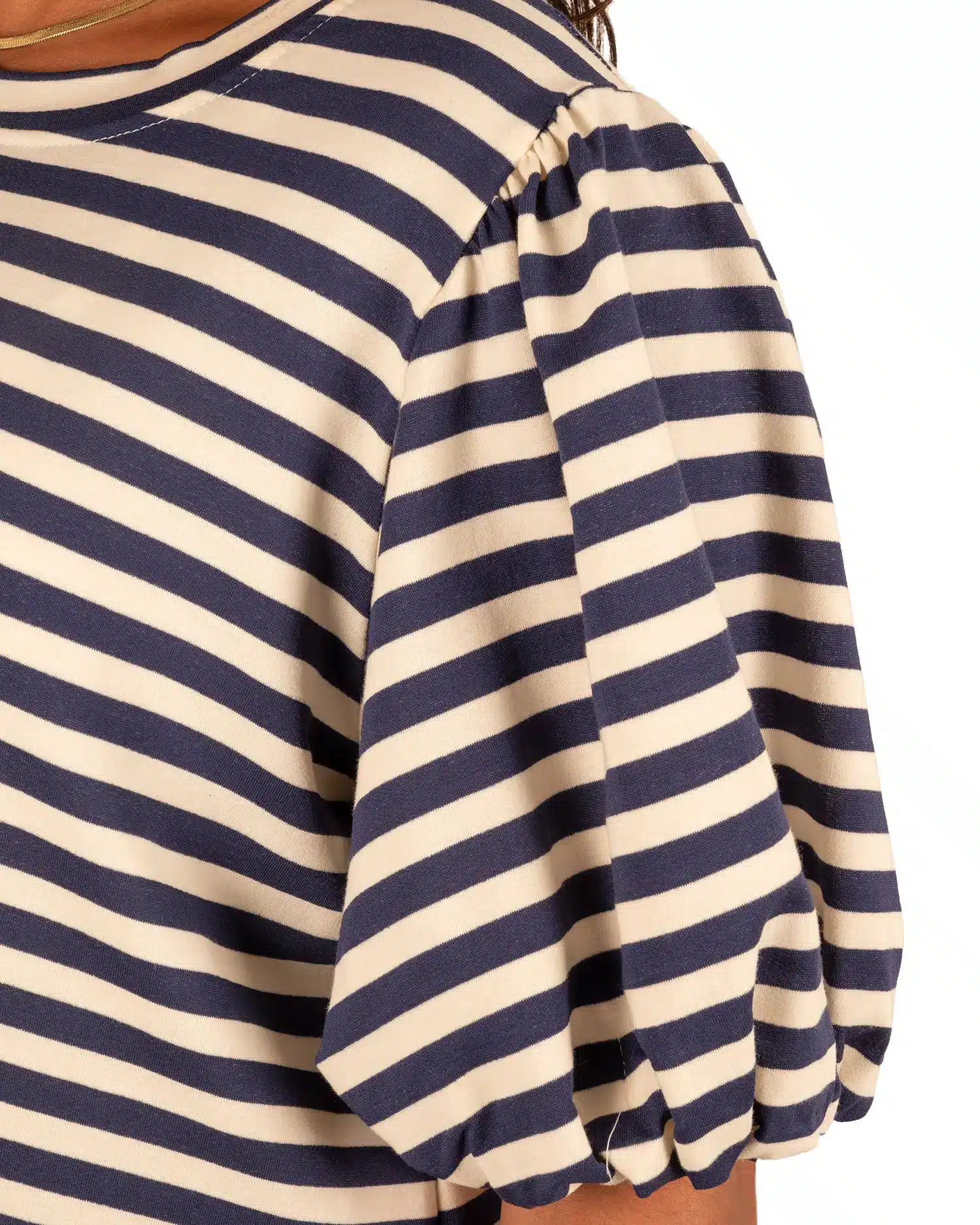 Donkerblauw/ecru gestreept sweatshirt pofmouw - Afbeelding 4