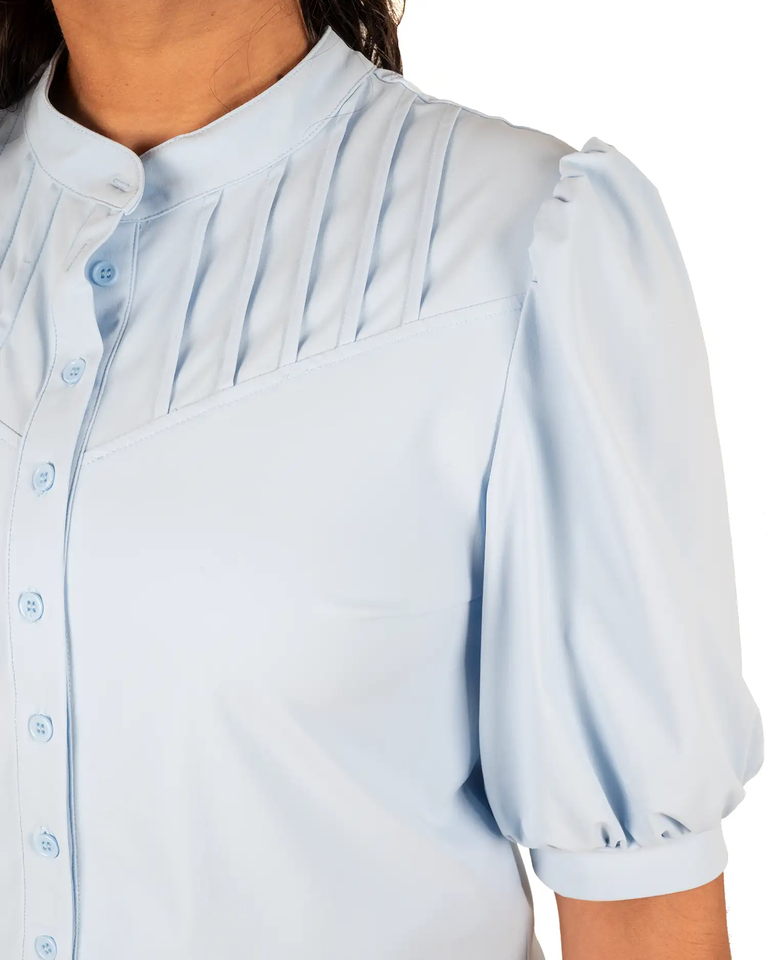 Lichtblauwe travelstof blouse korte mouw van Triple Nine - Afbeelding 4