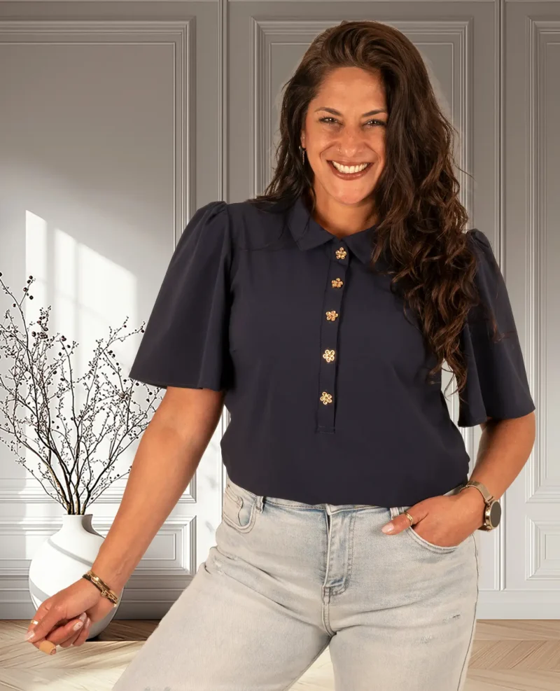 Donkerblauwe travelstof poloblouse van Triple Nine