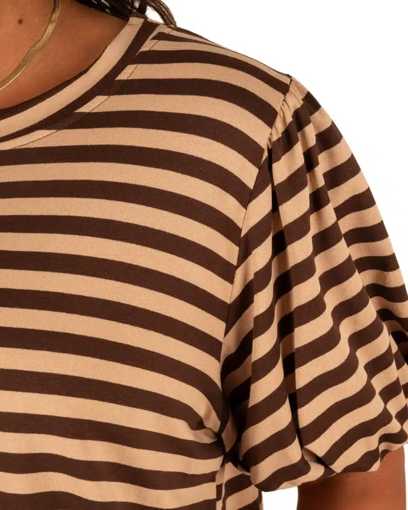 Donkerbruin/camel gestreept sweatshirt pofmouw - Afbeelding 4