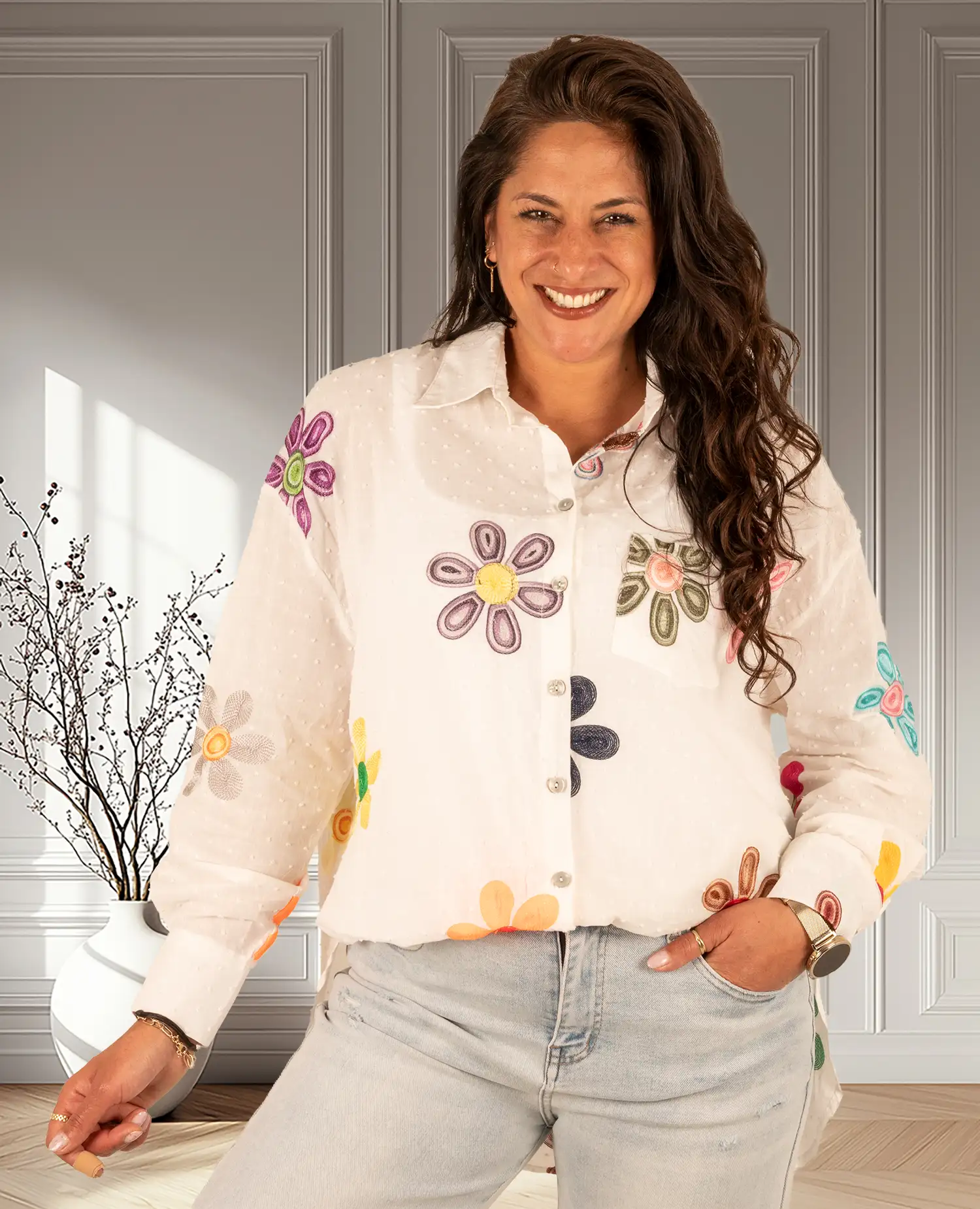 Witte blouse geborduurde bloemen van Knitwear