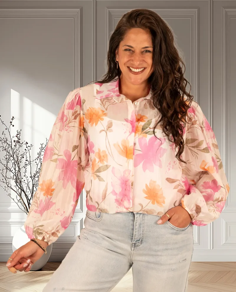 Roze bloemenprint blouse met pofmouw van Vera Jo