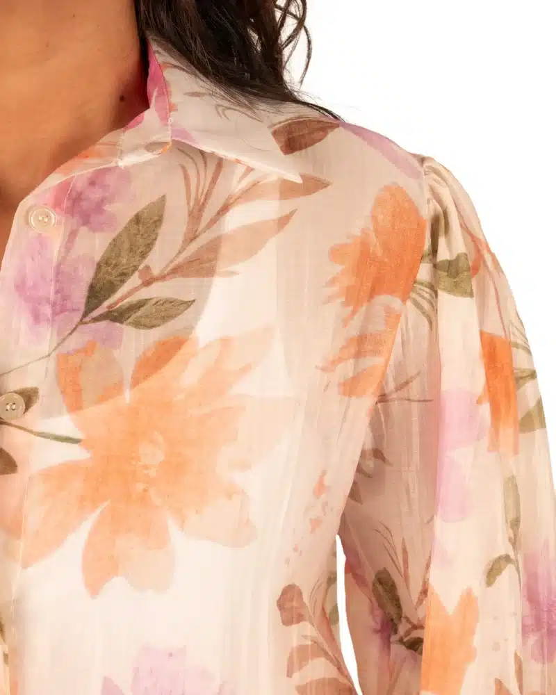 Oranje bloemenprint blouse met pofmouw van Vera Jo - Afbeelding 4