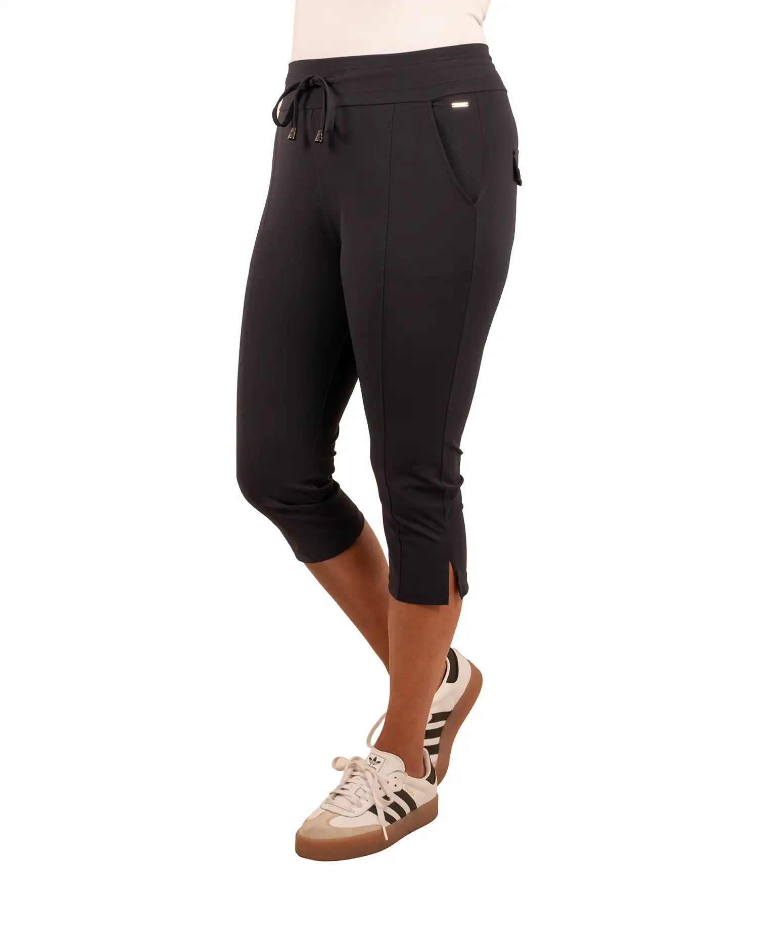 Donkerblauwe travelstof capribroek met splitje van Mi Piace - Afbeelding 2