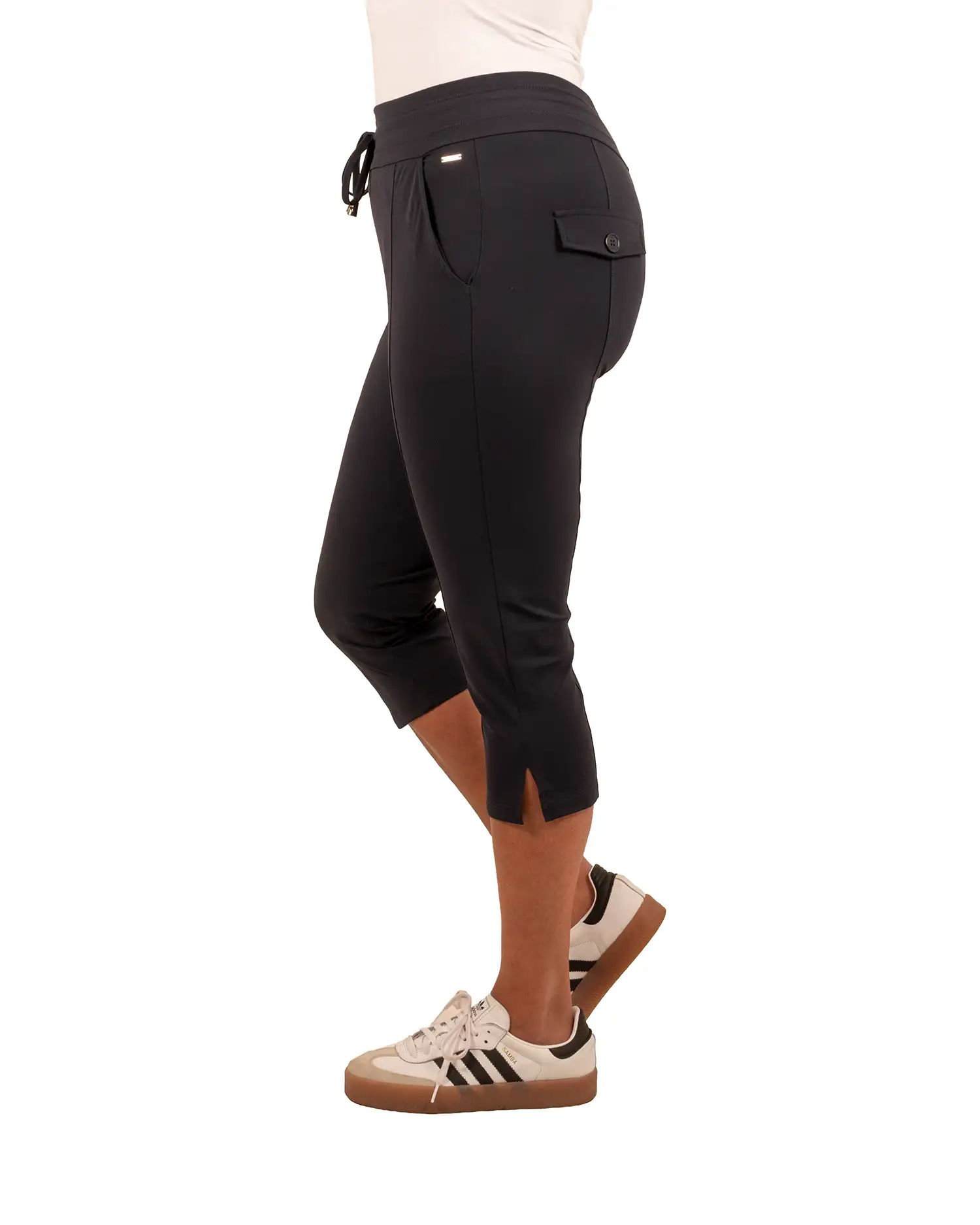 Donkerblauwe travelstof capribroek met splitje van Mi Piace - Afbeelding 3