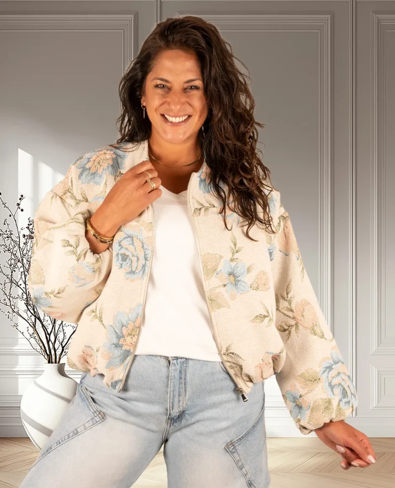 Beige/blauw bloemen bomberjack van El-vita