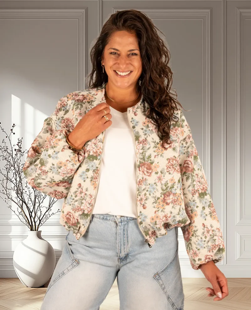 Beige/roze bloemen bomberjack van El-vita - Afbeelding 2