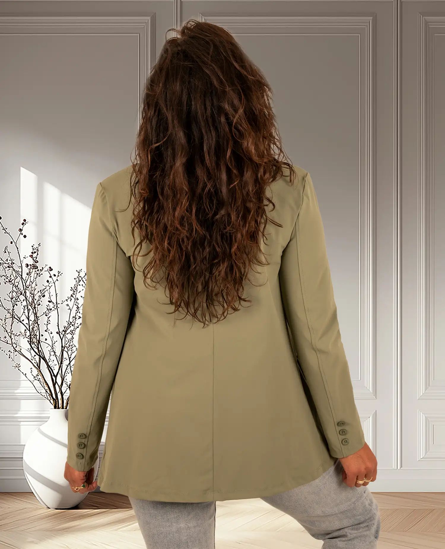 Olive green halflange travelstof blazer met ceintuur van Mi Piace - Afbeelding 6
