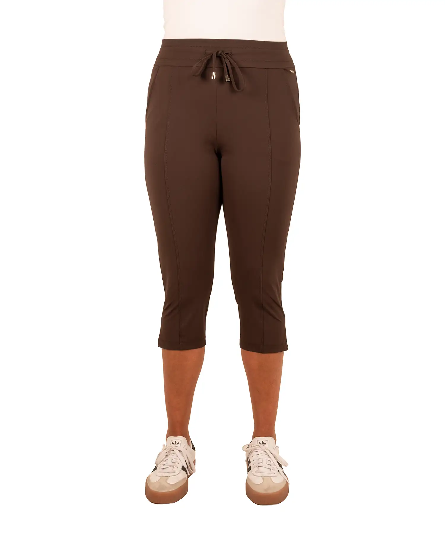 Donkerbruine travelstof capribroek met splitje van Mi Piace - Afbeelding 4