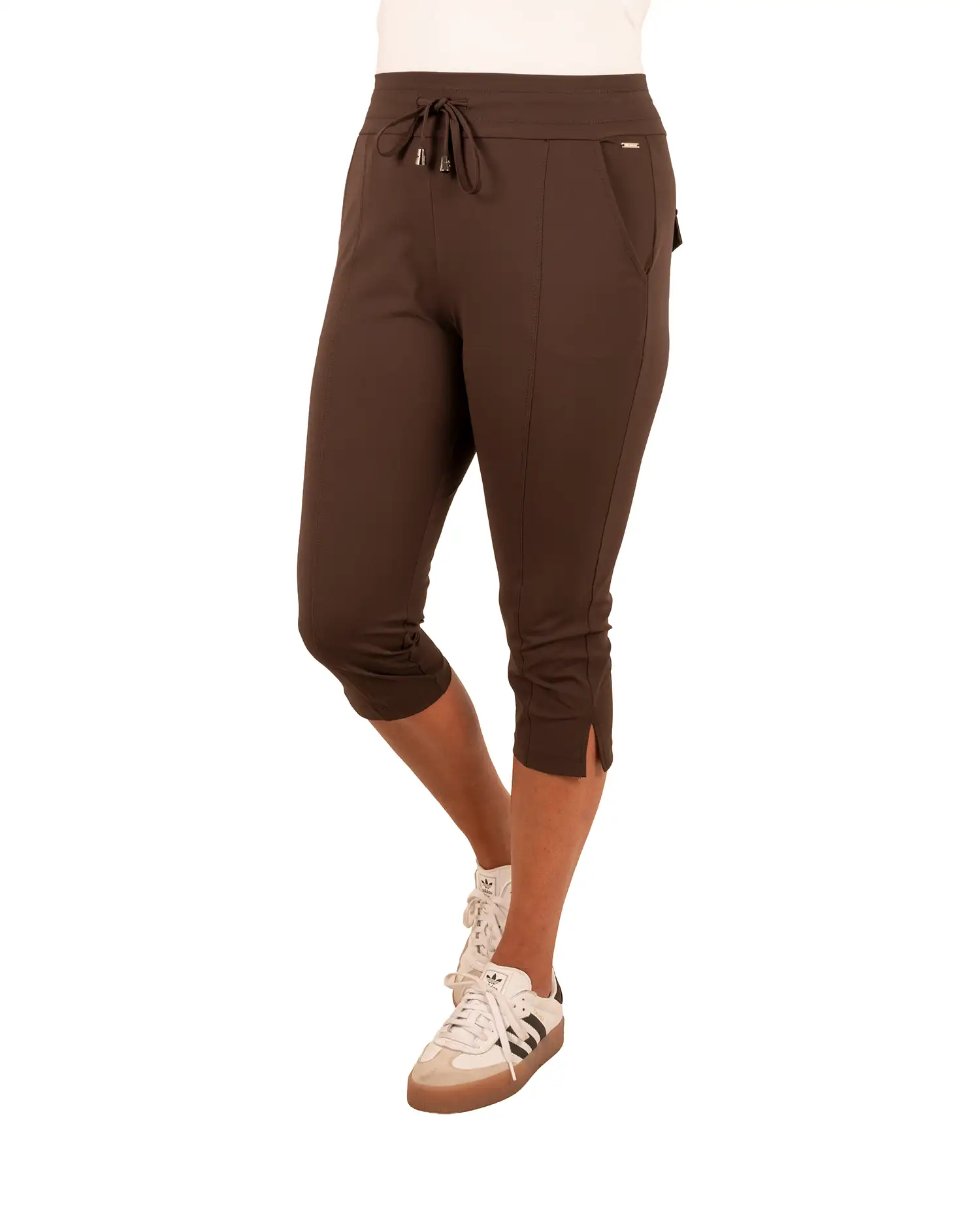 Donkerbruine travelstof capribroek met splitje van Mi Piace - Afbeelding 2
