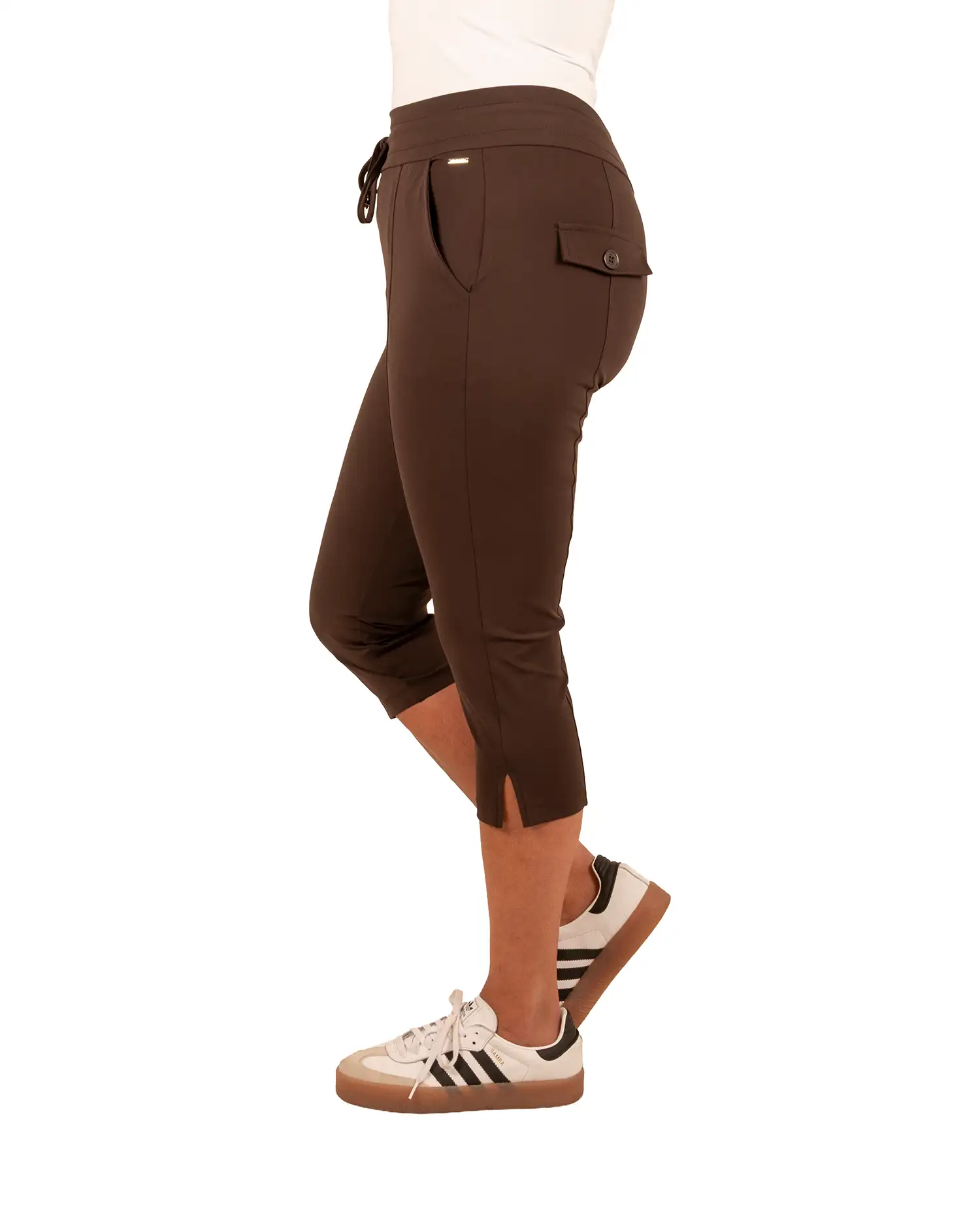 Donkerbruine travelstof capribroek met splitje van Mi Piace - Afbeelding 3