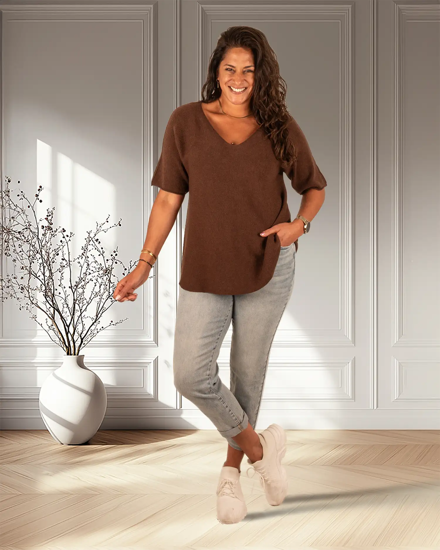 Donkerbruin gebreid shirt van El-Vita - Afbeelding 2