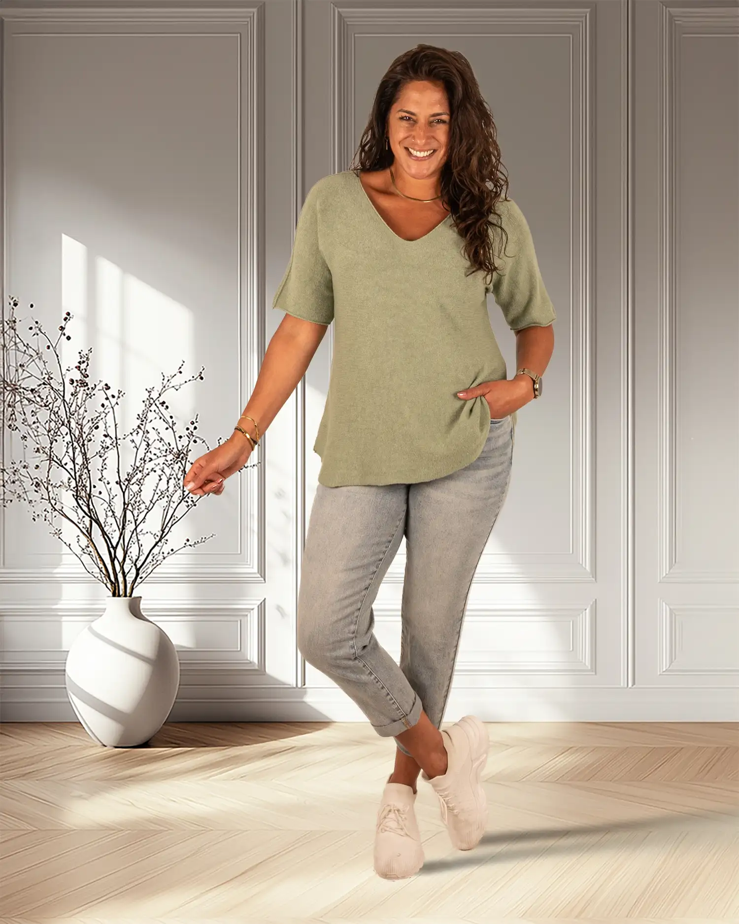 Lichtgroen gebreid shirt van El-Vita - Afbeelding 2