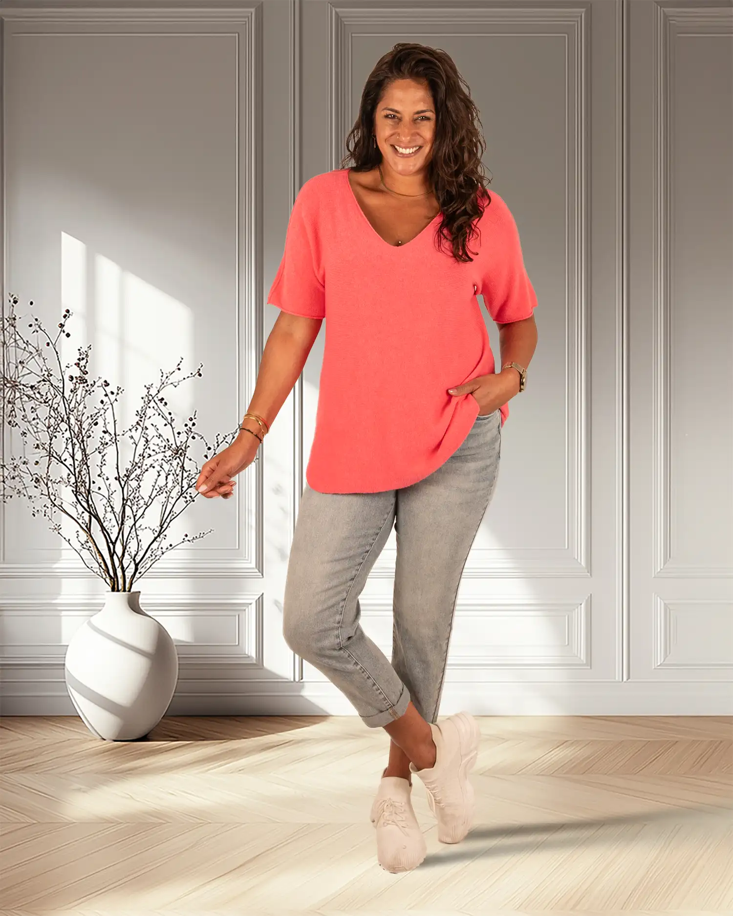 Koraalroze gebreid shirt van El-Vita - Afbeelding 2