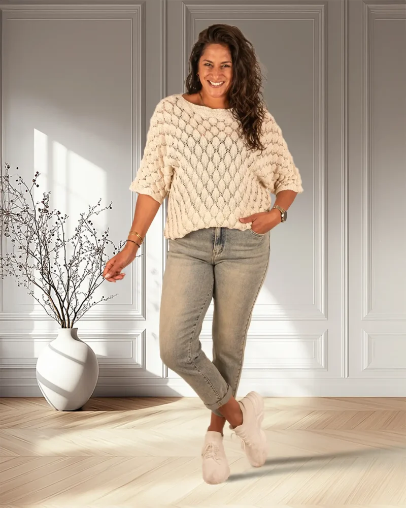 Beige gebreide trui vleermuismouw van El-Vita - Afbeelding 2