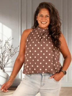 Donkerbruine ballon haltertop met beige dots van El-Vita