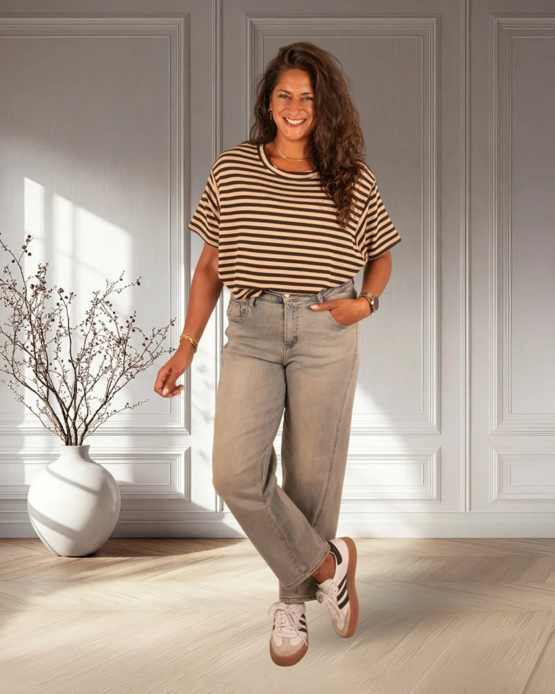 Zwart/camel gestreepte ballontop van New Collection - Afbeelding 2