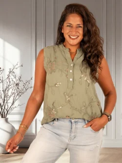 Legergroene mouwloze blouse met borduur en pailletten van New Collection