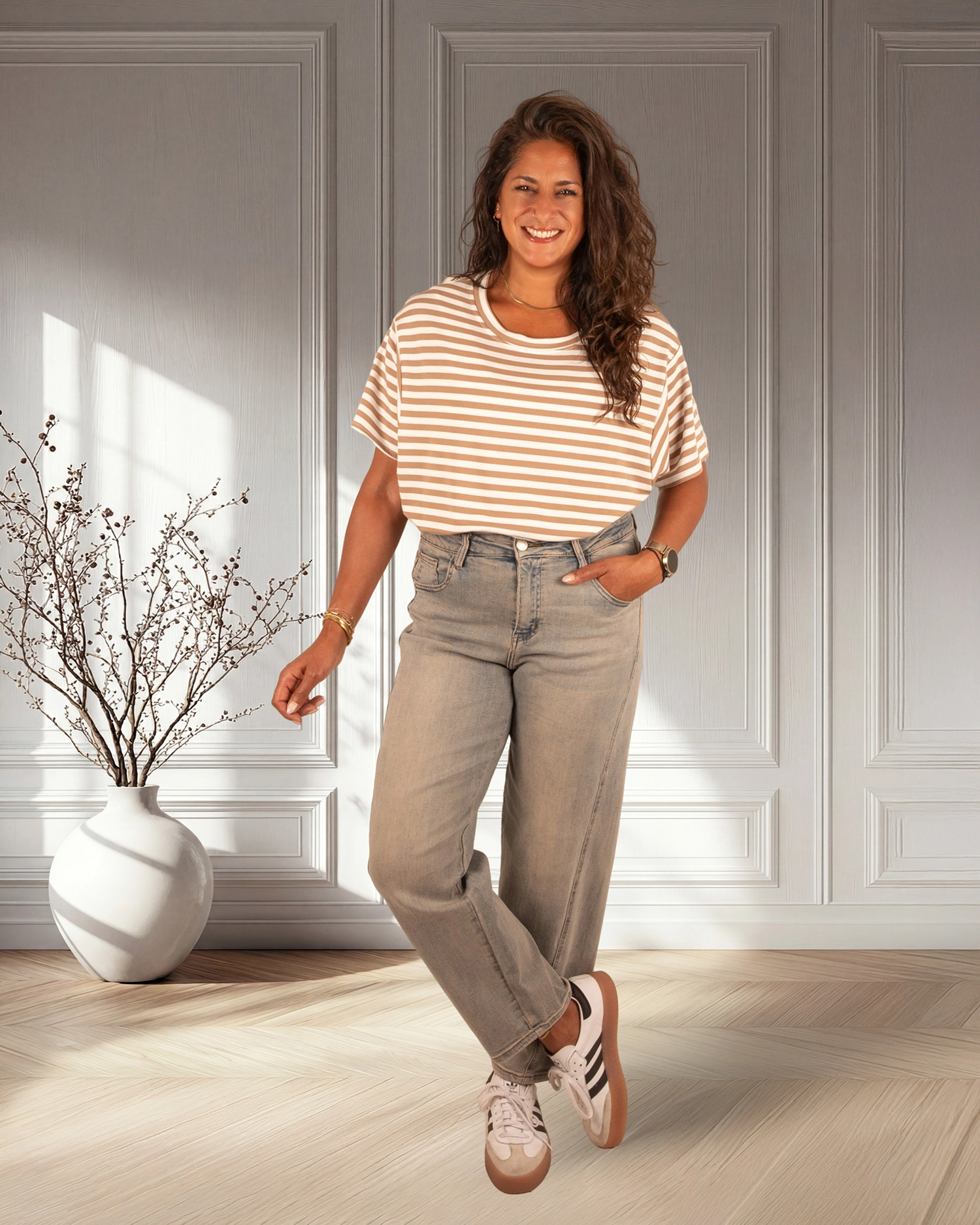 Camel/wit gestreepte ballontop van New Collection - Afbeelding 2