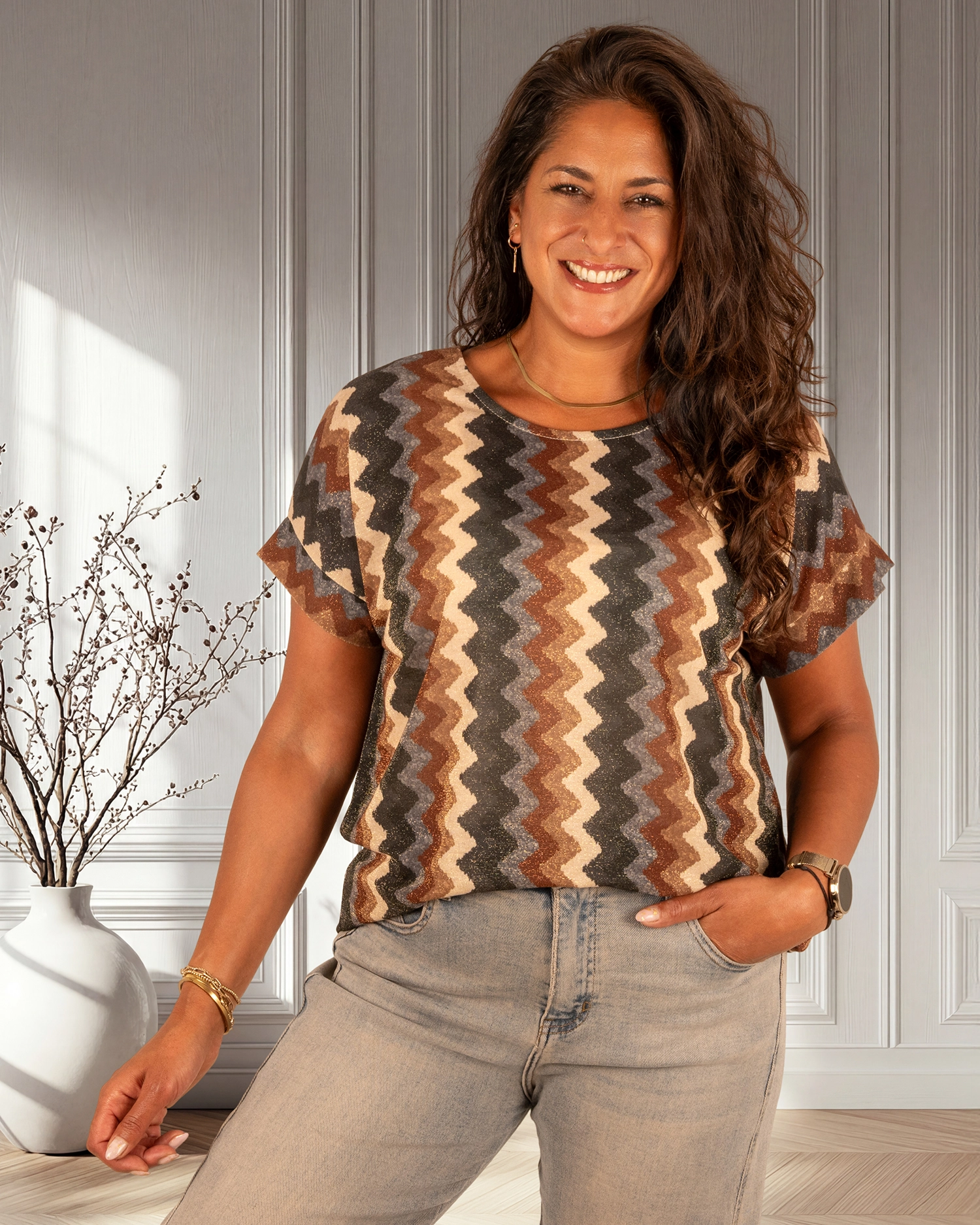Petrol/camel print zigzag shirt van Gemma Ricceri