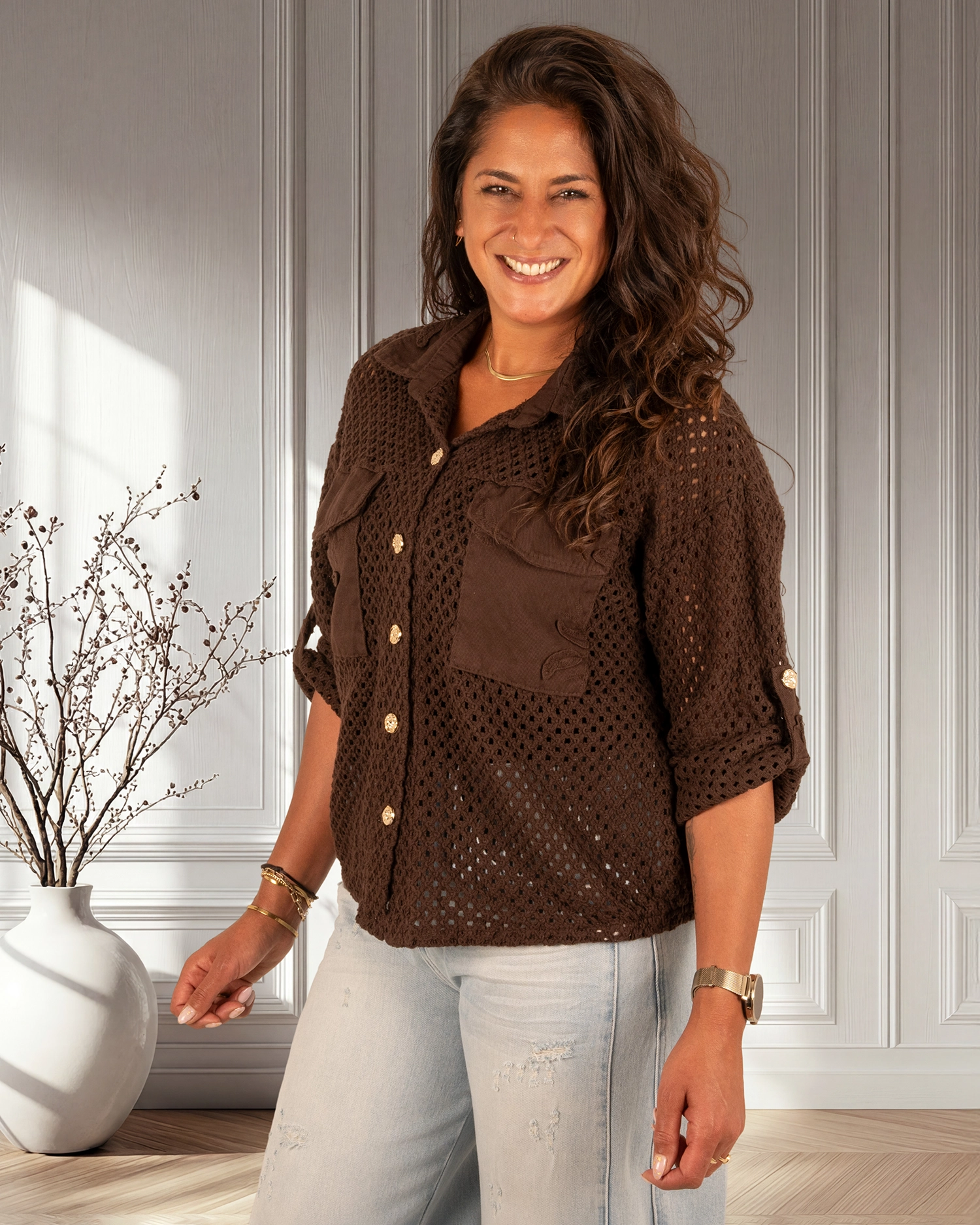 Donkerbruine gehaakte blouse van Gemma Ricceri - Afbeelding 3