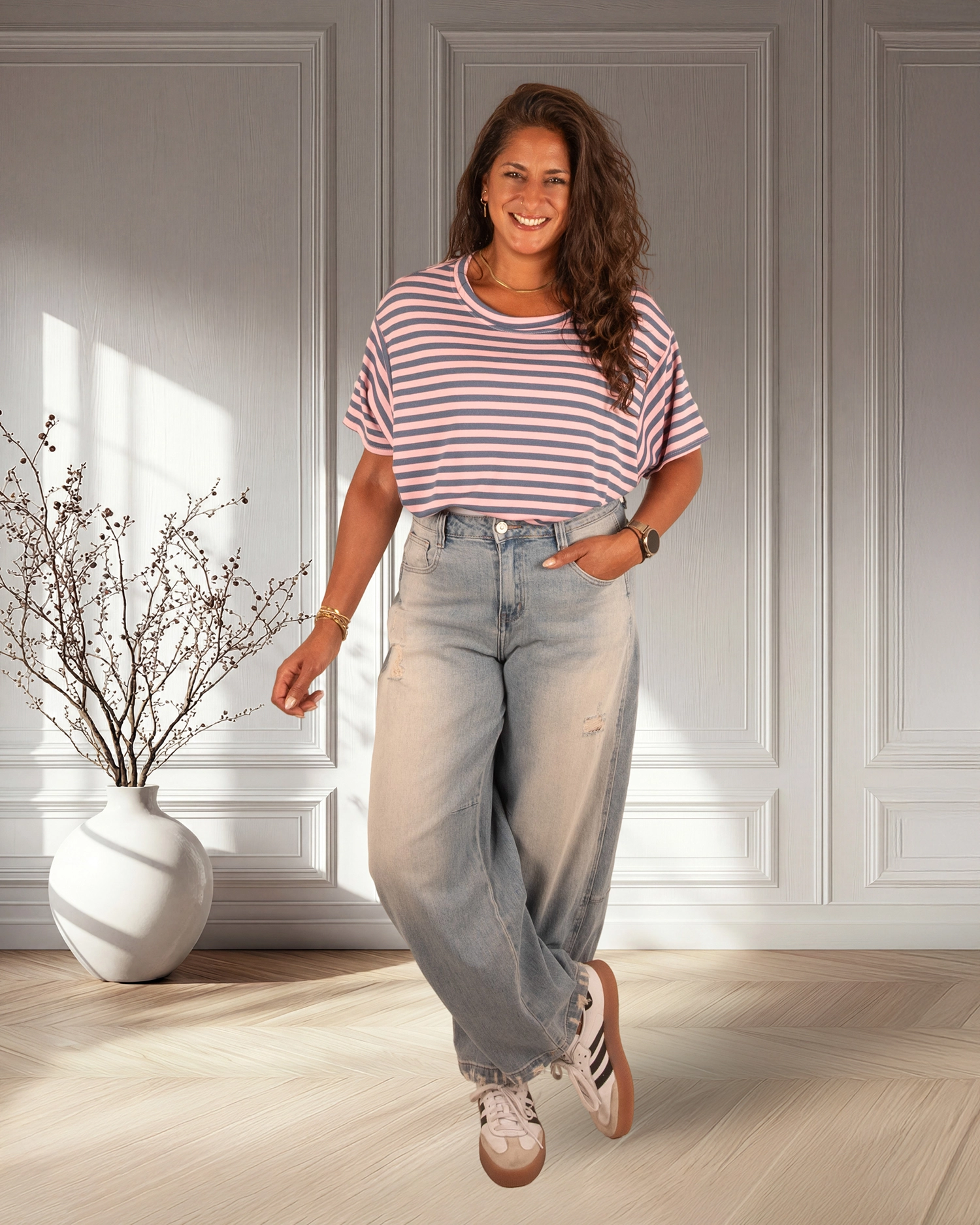 Roze/blauw gestreepte ballontop van New Collection - Afbeelding 2