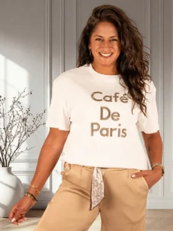 Off-white shirt taupe "Café De Paris"print van Ambika